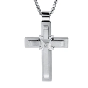 Men's High-Polished 24 Inch Stainless Steel Cross Pendant with White Cubic Zirconia Fashionable Cross Pendant Necklace