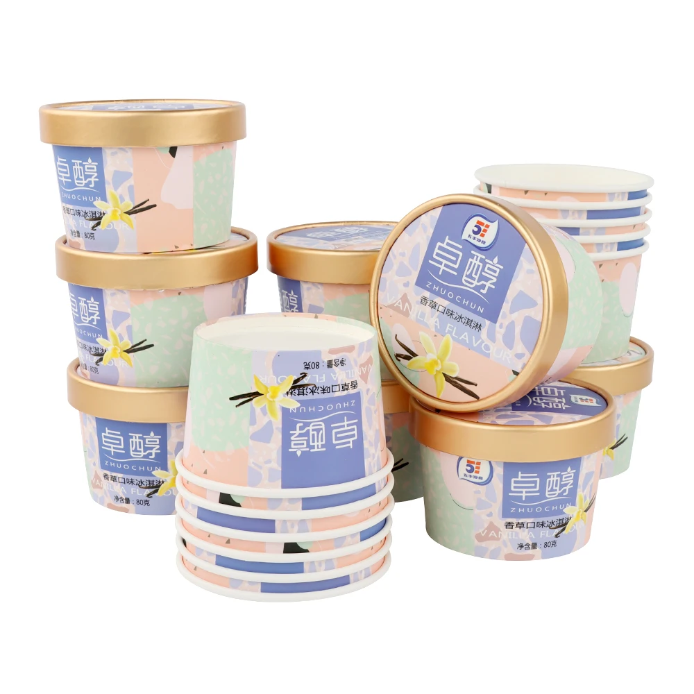 high quality disposable ice cream paper cup beverage dessert shop custom logo ice cream paper bowl with lids