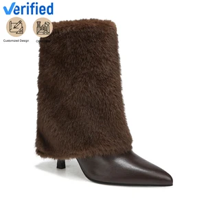 Women's Winter Fashion Ankle-High Stiletto Heel Boots Brown PU Faux Fur Pointed Toe Slip-On Closure Height Increasing High Top