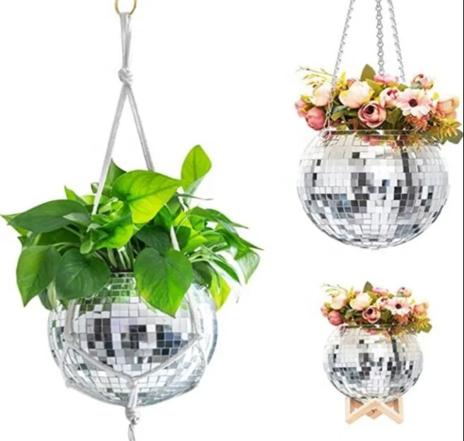 Disco Mirror Ball Planter Pot Ball Shape Silver Hanging Pots Basket