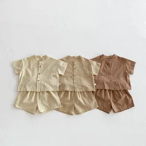 2026 Summer Children's Suit Korean Version Boy Cotton Thin Short Sleeve New Solid Color Two-piece Suit Boys Set