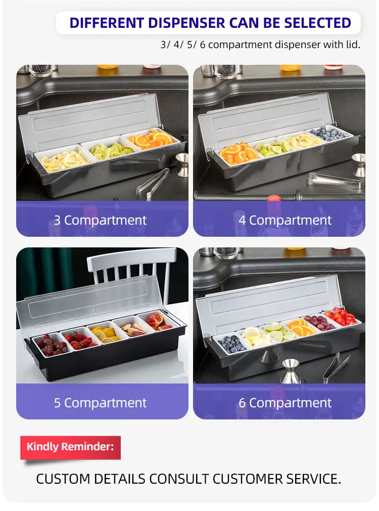 3/4/5/6 Compartments Transparent PC Ice Cooled Bar Snack Fruit Caddy Condiment Container Box Chilled Garnish Tray With Lid manufacture