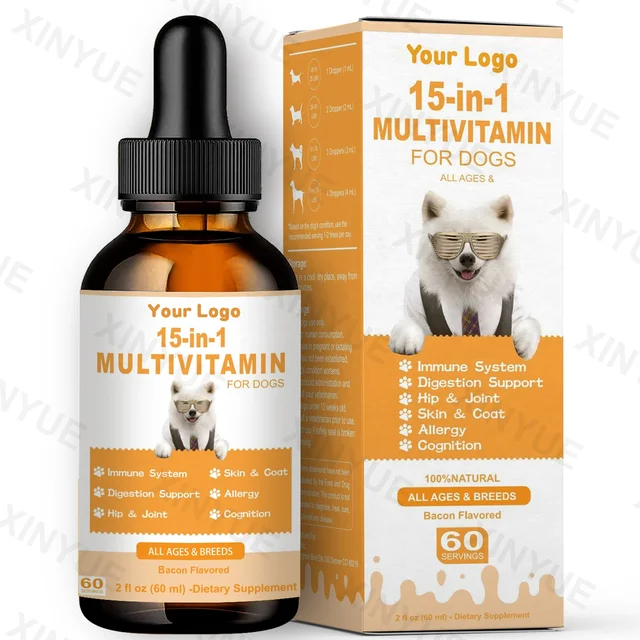 Wholesale Pet Multivitamin Drops Supplement 15 In 1 Multivitamin For Dogs, Dogs Liquid Vitamins for Digestion, Heart Skin & Coat