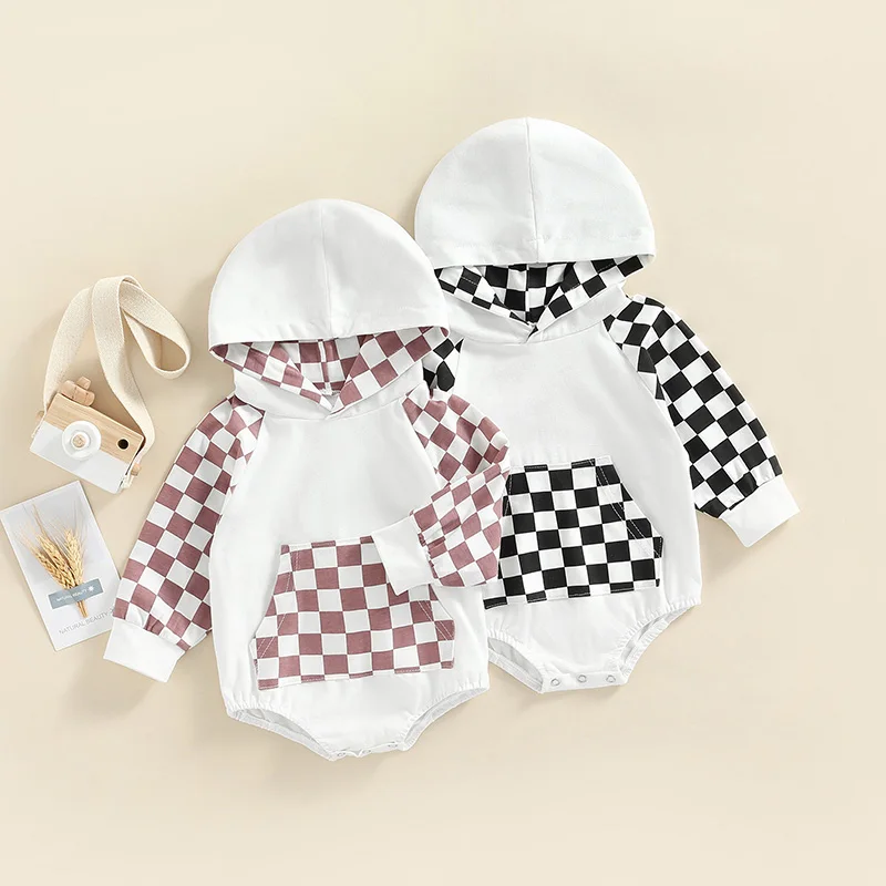 Newborn Baby Boys Jumpsuit Checkerboard Plaid Print Short Sleeve