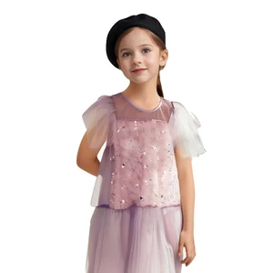 Customizable Wholesale Sweet Purple Ruffle Sleeve Sequined Girls Princess Dress Tulle Dress for Summer