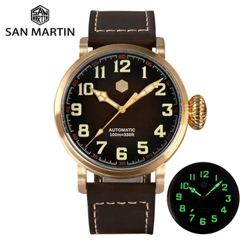 San Martin 45mm CuSn8 Bronze Pilot Men Watch YN55A Automatic Mechanical Vintage Military Simple Style Sapphire Waterproof 10Bar