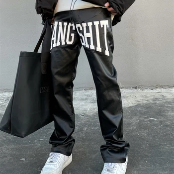 New High street black coated wax pants embroidered micro elastic slim fit small straight leg wax cloth casual pants men