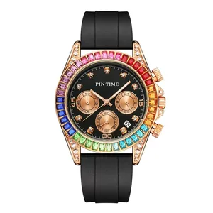 Luxury Gold Custom Logo Mens Watch Rainbow Diamond Watches Men Wrist Bling Hip Hop Iced Out Watch