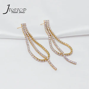 Fashion Luxury Real Gold Plated Rhinestone Long Tassel Earring Shiny Crystal Dangling Drop Earrings