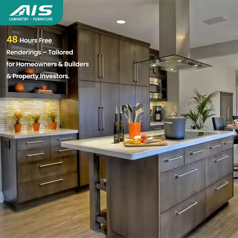 AIS 2024 Brown Custom Design Kitchen Cabinet Melamine Kitchen Cupboard Island Storage Cabinet for Apartment Kitchen Furniture