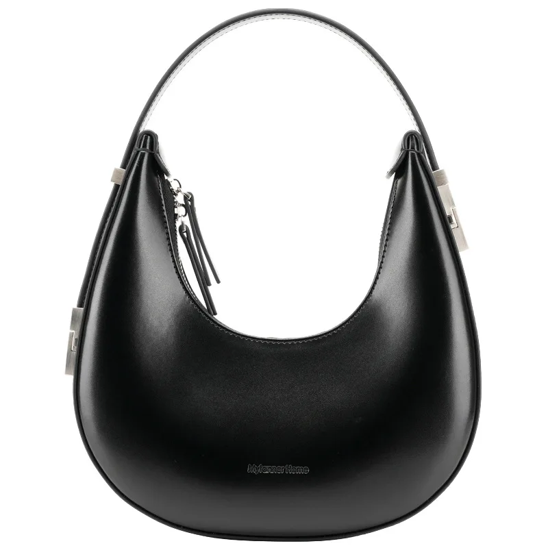Cowhide Crescent Women’s Underarm Tote Bag Sleek Black Zipper Closure High-End Leather Single Strap Shoulder Bag Urban