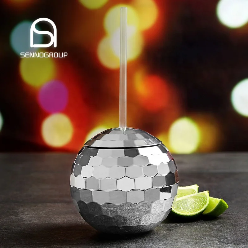 Noninverting Disco Glitter Silver Ball Cups With Lid Straw Disco Ball