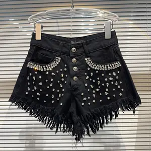Wholesale Spring 2026 New Fashion Casual Sexy Large Granular Rhinestone Bead Tassel Women's Denim Shorts