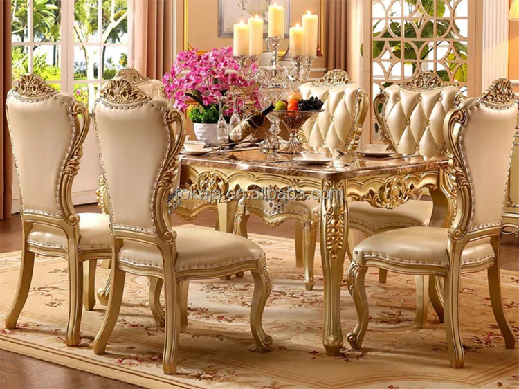 Luxury Marble Top Dining Table Set Solid Wood Round Dinning Table 6