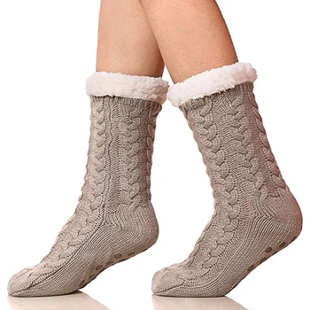 Womens Winter Knit Fleece Cable Gripper Socks Warm Fuzzy Non-Slip Home Floor Slipper Socks