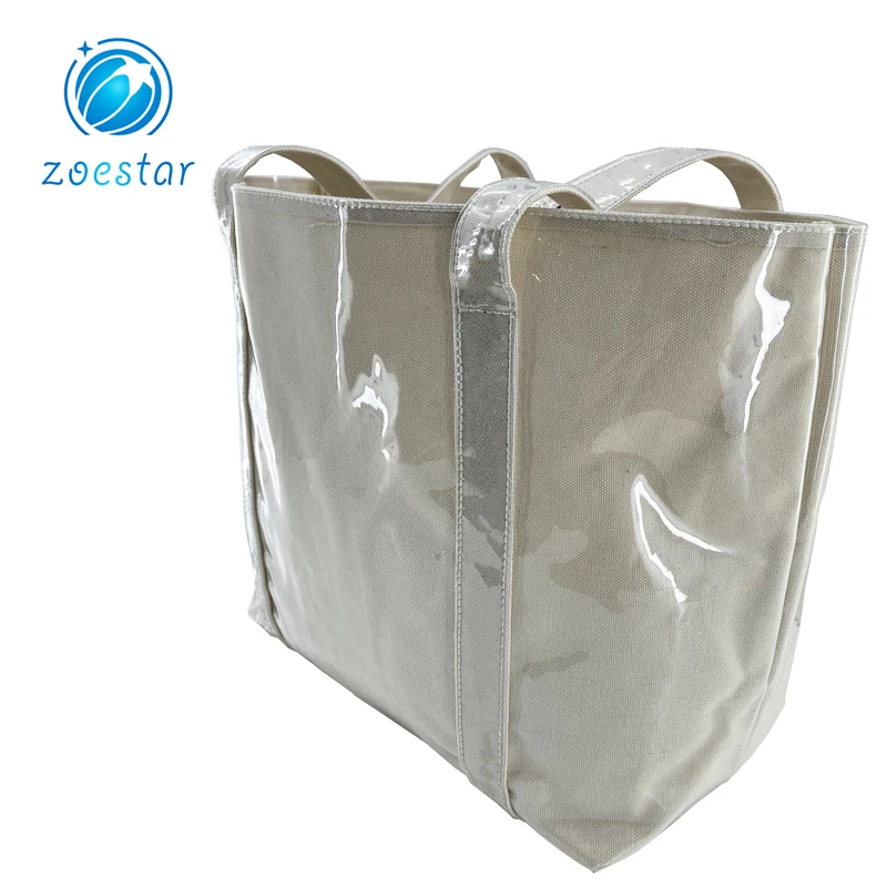 Special Design Canvas Shopping Bag with Full Transparent PVC Covering Supermarket Storage Bag Women Beach Tote Bag supplier