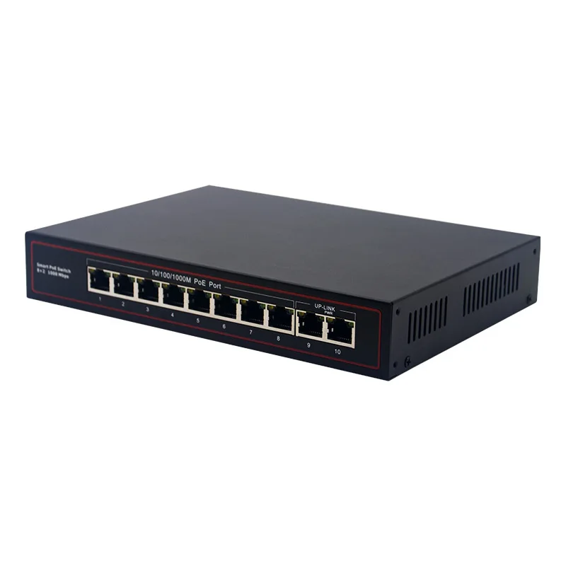 Switch PoE 10/100/1000Mbps 8 Portas Com 2 Portas Uplink Gigabit 48V Power Over Ethernet Switch POE+ de 10 Portas