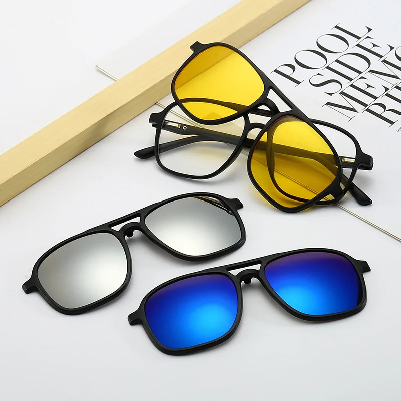 5 in 1 Sunglasses Magnetic Clip on Glasses TR90 Optical Prescription Eyeglass Frames with Clips Polarized Sunglasses Men