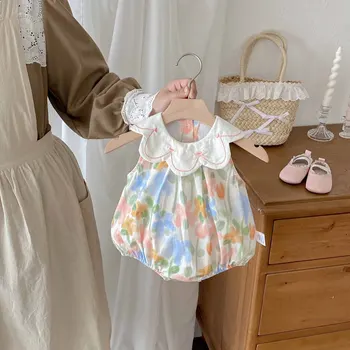 New Korean Style Summer Romper for Girls Cute Floral O-Neck Collar Lace Casual Crawling Vest Jumpsuit for Outdoor Wear