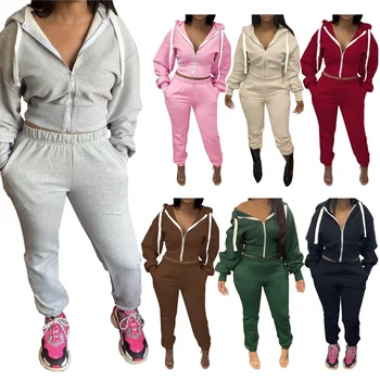 ladies custom wholesale clothing set cropped croptop woman crop top hoodies sweatpants