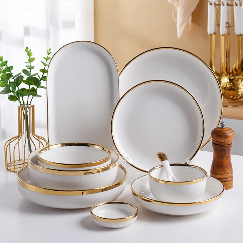 Wholesale Luxury Dinnerware Artistic Ceramic Golden Bone China Dishes and Plates  Dinner Set 62pcs Nordic Tableware From m.