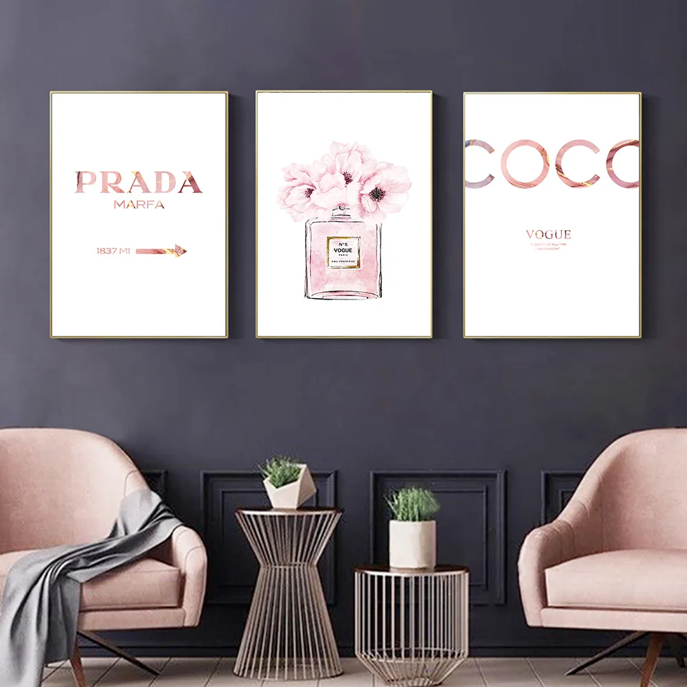 Modern Vogue Perfume Bottle Pink Peony Canvas Wall Art For Girls