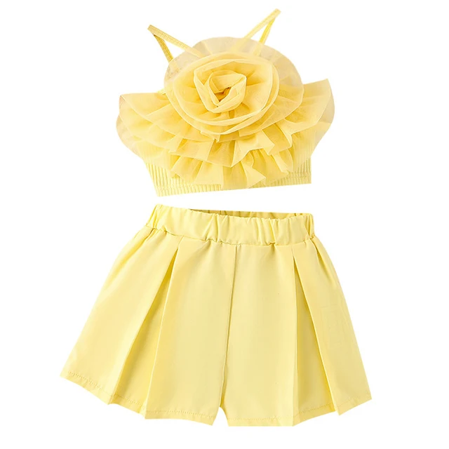 Cross-border Europe and the United States summer children's solid color flower suspender + shorts 2pcs/set fashion girl