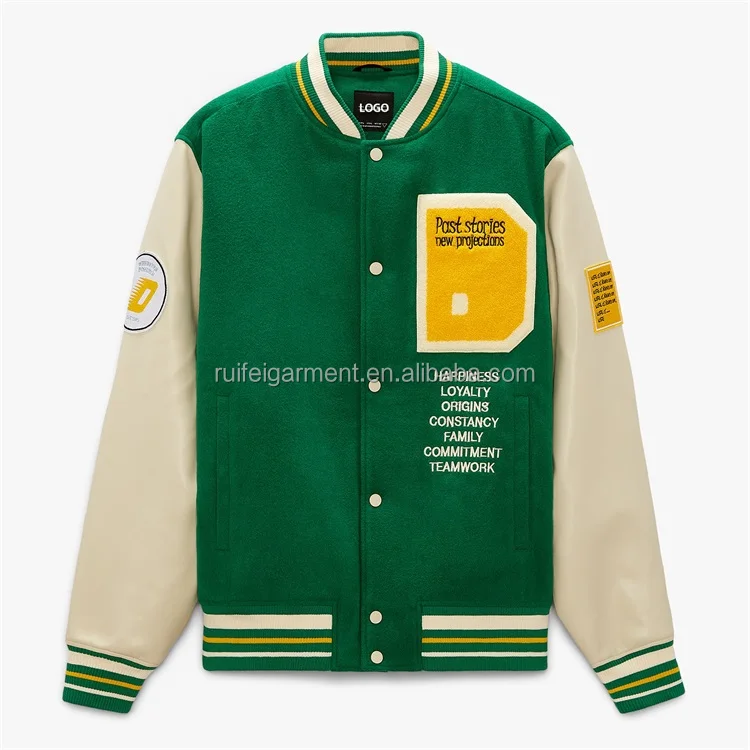 Custom Green and black chenille embroidery varsity vintage jacket with  leather sleeve We work on customised clothing