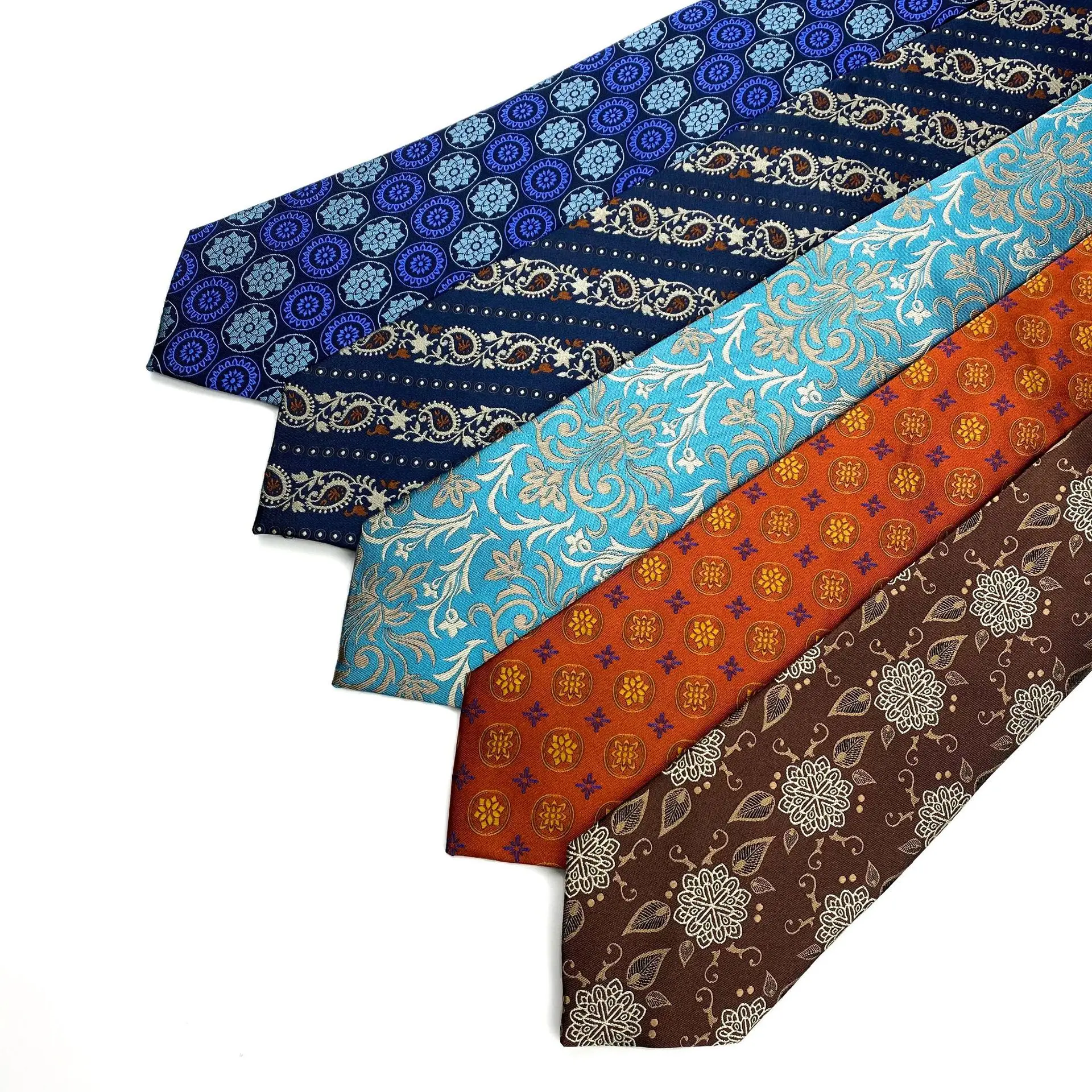 Men's Wide Stripe Blue & White Jacquard Silk Tie - Formal Necktie By Elfeves