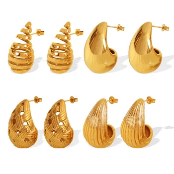 Factory Customized Fashion Jewelry Water Drop Shaped Stainless Steel Earrings for Women Light Luxury Striped Studs Earrings