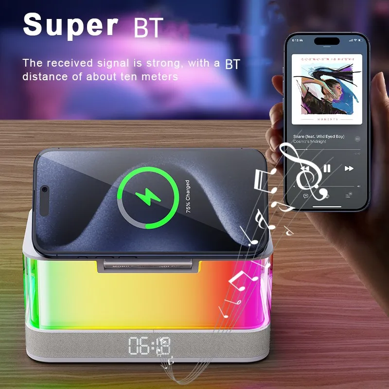 15W Bedroom RGB Night Light Alarm Clock Mobile Phone Holder Multifunctional 6.1 Wireless Charger BT Speaker 10W - Image 3