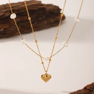 MW 2026 Fashion New Design 18K Gold Plated Stainless Steel Imitation Pearl Heart Pendant Double Necklace for Women Jewelry