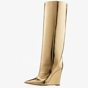 2026 Women's Designer Fall Wedge Boots Patent Leather Knee-High Gold Metallic Heels Height Increasing Feature for Winter Season