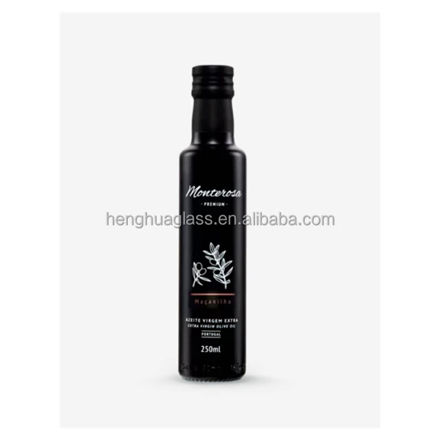 Custom logo 250ml Frosted Matt Black Olive Oil Glass Bottle 25cl Round Glass Cooking Oil Bottle with Black Plastic Cap