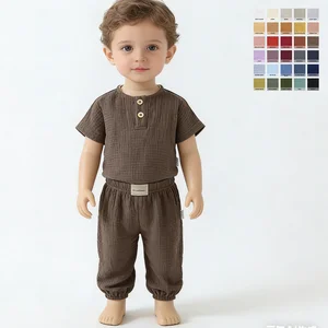 Custom Muslin Cotton Kids Sets Boys Girls Clothing Solid Outfits Short Sleeve 2026 Summer Children Clothes Set Wholesale