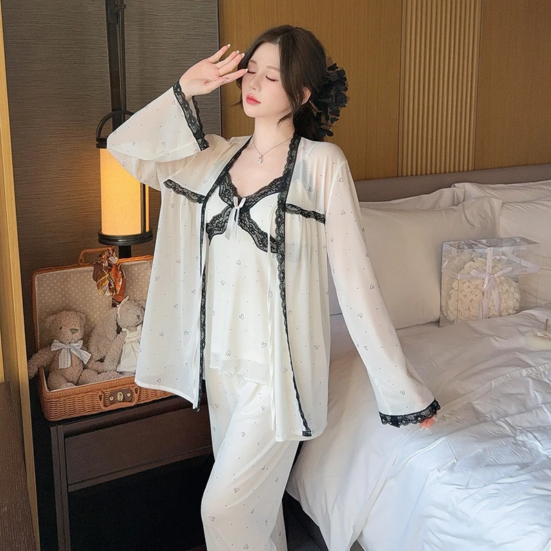 Spring And Summer Pajamas Women's Chest Pad Modal Suit French Royal Style Long Dress Pyjamas Three-piece Set Sleepwear Sets