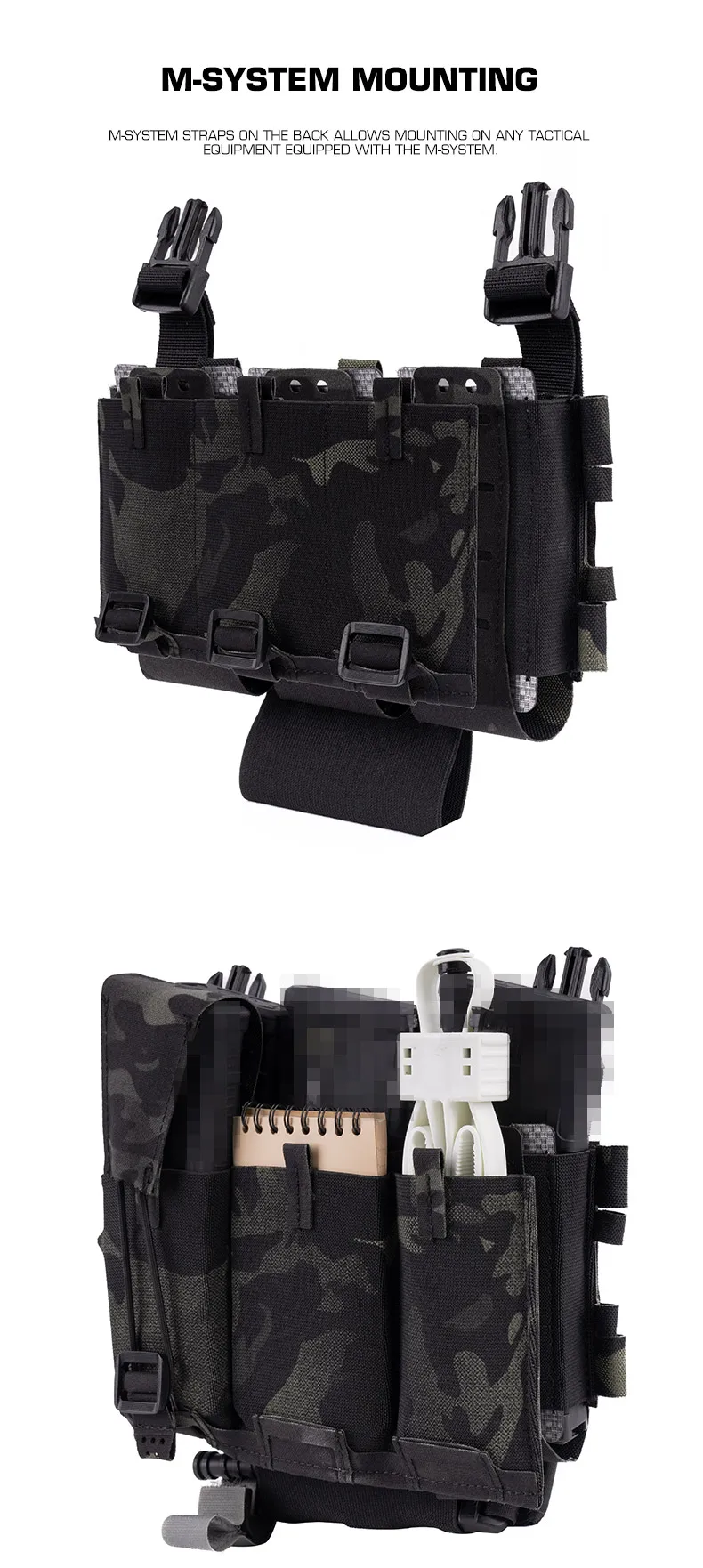 Panel MOLLE con accesorios cargados en contexto de uso