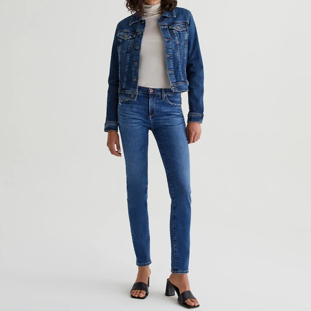 Vintage Medium Blue Wash 10 oz Empower Denim Women's Slim-Fit Jeans Stretch Cigarette Style Tassel Embroidery Ankle Crop