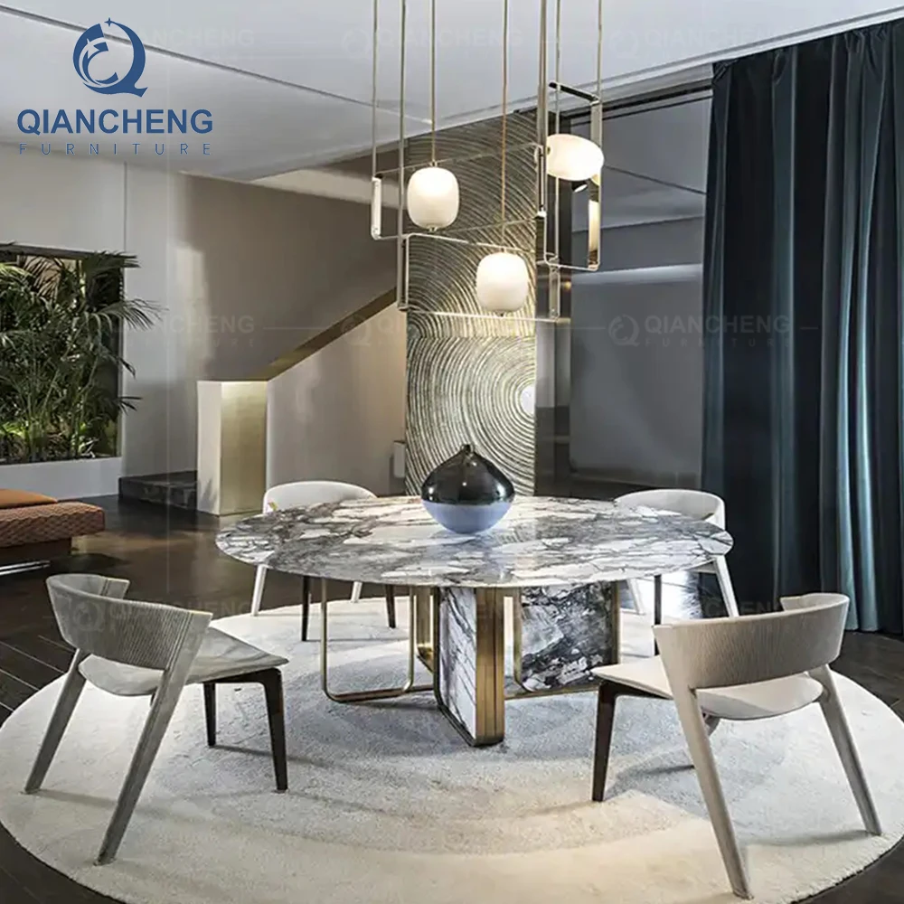 Design Style 12 Seater White Round Concrete Dining Table Feature Gold Steel Marmur Luxury Dining Room Table and Velvet Chairs