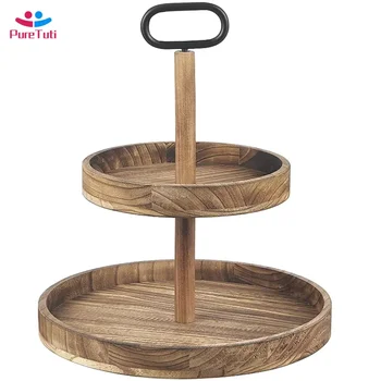 PureTuti Vintage Decor Double Partition Round Wooden Display Tray for Home Kitchen Macaron Plate Cake Serving Handmade Tableware