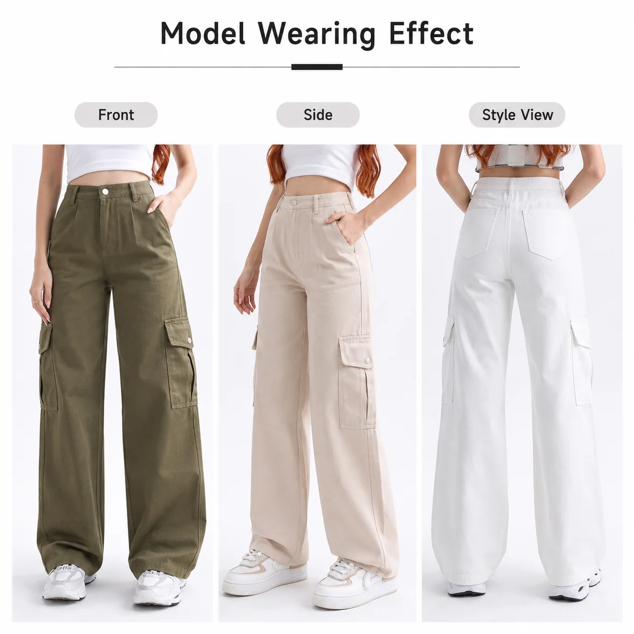 Wholesale Breathable Spring Ladies High Waisted Cargo Pants with Pockets Spandex/Cotton