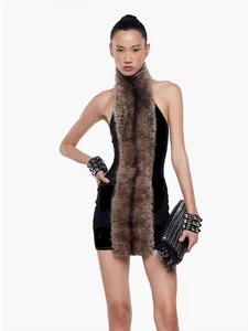 Bettergirl 2026 New Retro Sexy Fur Patchwork Contrast Black Mini Dress