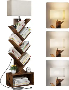 6Tier Tree Bookshelf SteelWood Corner Shelf with 3CCT Bulb Small Book Shelf for Bedroom Home OfficeLiving RoomRustic BrownBlack