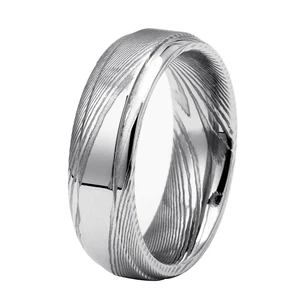Domed High Polished Band with Etched Design & Stepped Edge Durable Unique Mens Jewelry Gift Men's Damascus Steel Wedding Ring