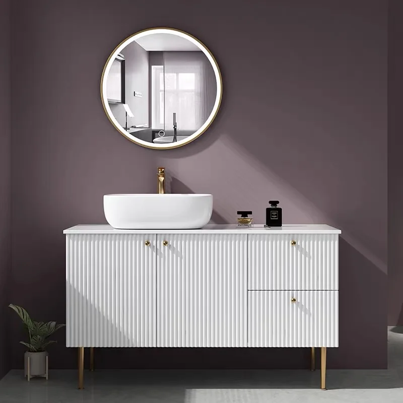 Wholesale Luxury Floor-standing Bathroom Cabinet Soild Wood Curved Bathroom Vanity Set With Round Mirror