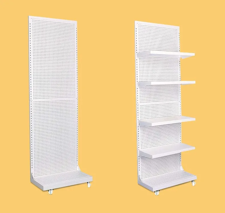 Metal End Cap Hole Mesh Rack Metal Pegboard Display Rack Panel With Pegboard Baskets Moveable Storage Display Rack With Wheels