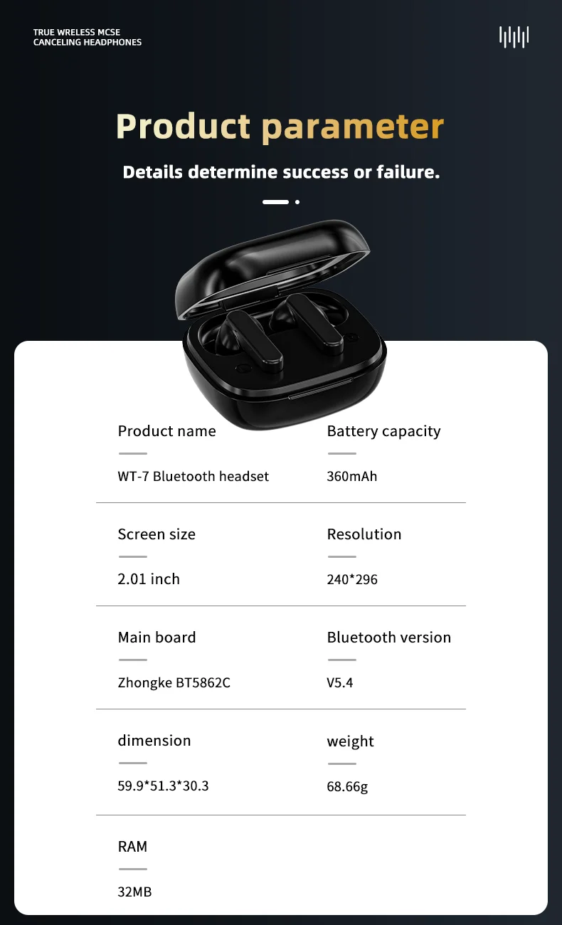 TWS WT-7 Earphone Wireless BT V8 Earbuds ANC Noise Cancelling Headphone In Ear Touch Screen Controls Headset