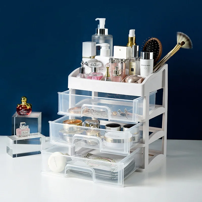 Недорогая пластиковая столешница для хранения косметики, органайзер для макияжа с 3 ящиками для косметических кистей, ногтей, помады и ювелирных изделий