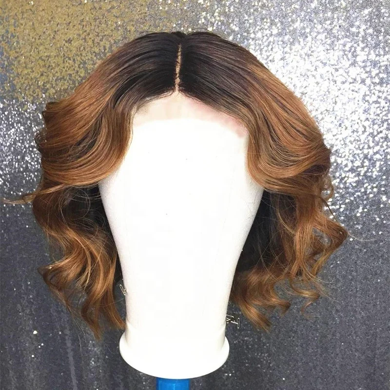 Drop Shipping Ombre Brown Highlight Color Wave Pixie Bob Raw Burmese Cuticle Aligned Hair Lace Frontal Wigs