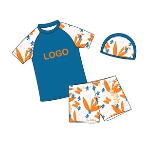 Quick-Drying 3-Piece Cartoon Shark Print Swim Suit for Boys New Sun Protection Children's Clothing Set With Cap